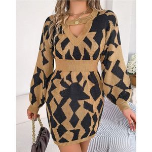 Tan And Black Cutout Long Sleeve Sweater Dress